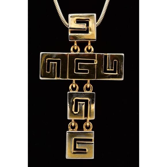 Givenchy Vintage Cross Necklace G Logo Chunky Gold Unisex Signed AS IS 80s Bin7A - Picture 2 of 12